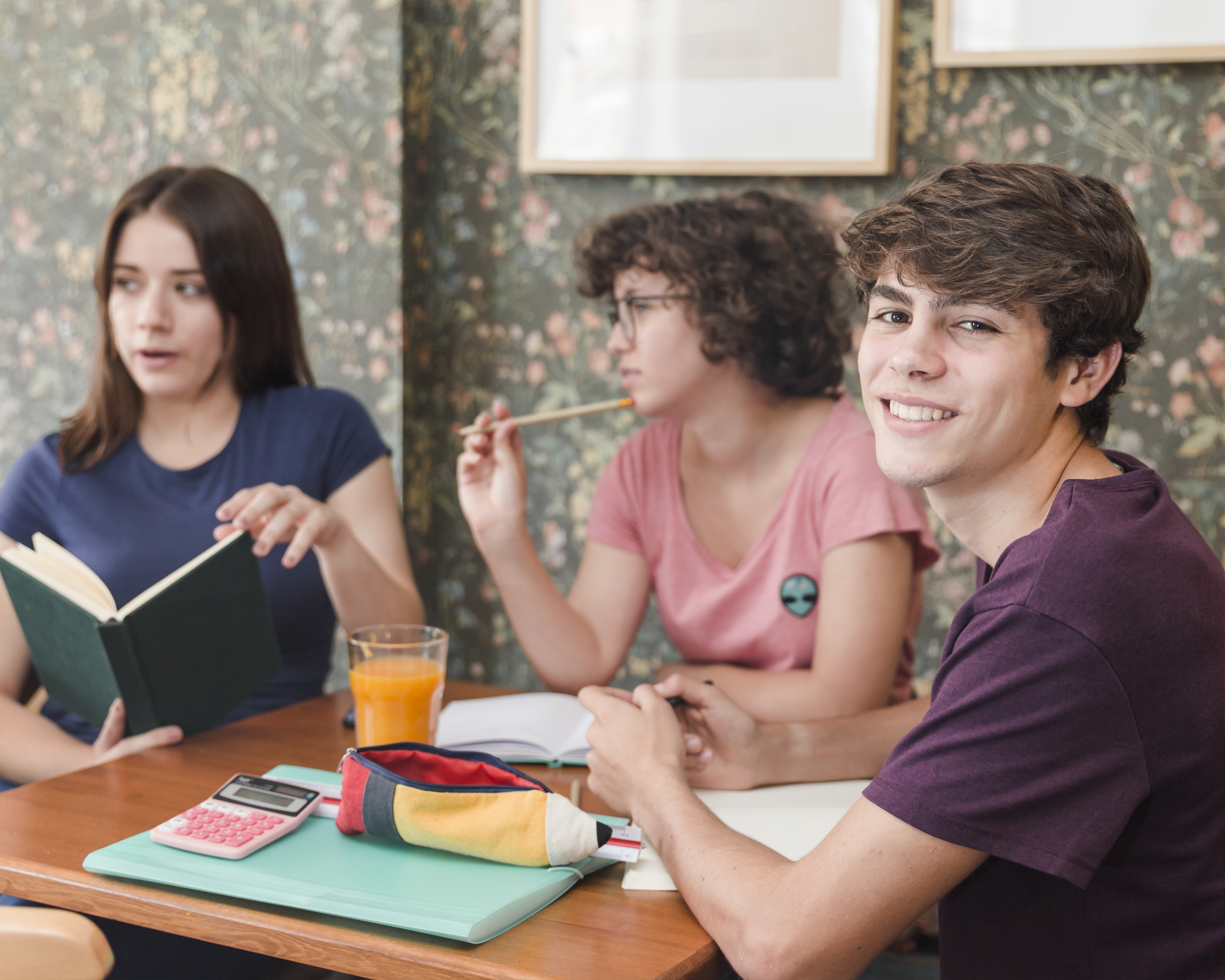 cheerful-teenager-doing-homework-with-classmates cheerful-teenager-doing-homework-with-classmates